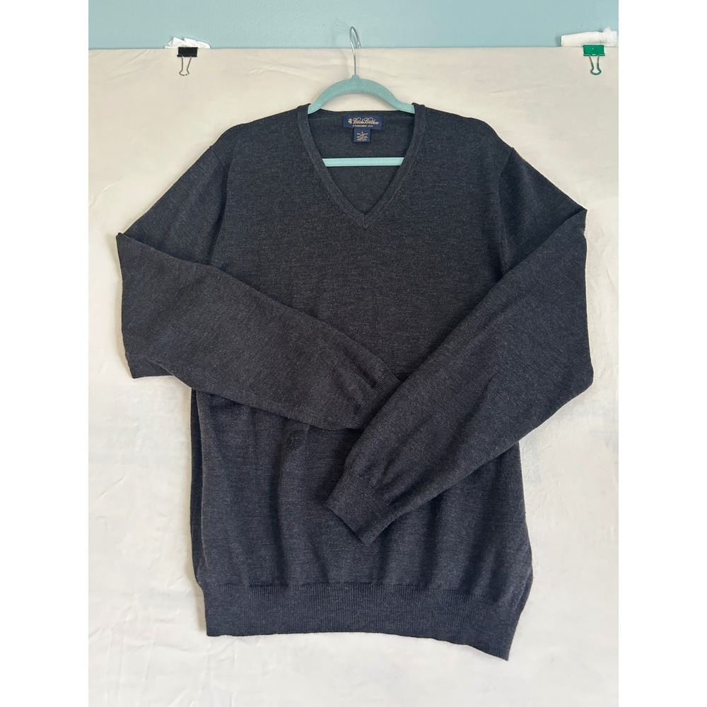 Brooks Brothers navy gray‎ classic V-neck sweater 100% Merino wool